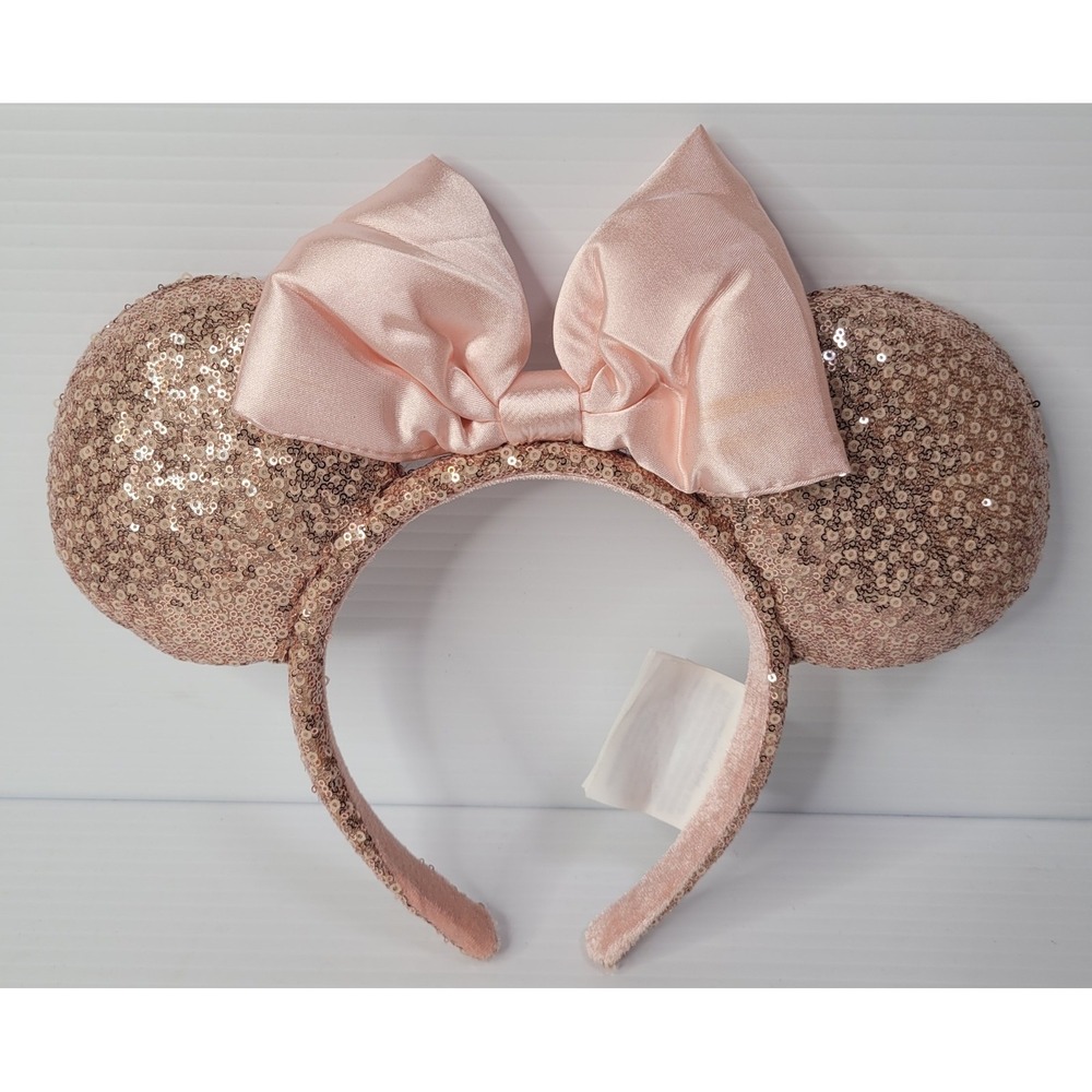 Disney Parks Rose Gold Champagne Sequins Minnie Mickey Ears Headband Bow
